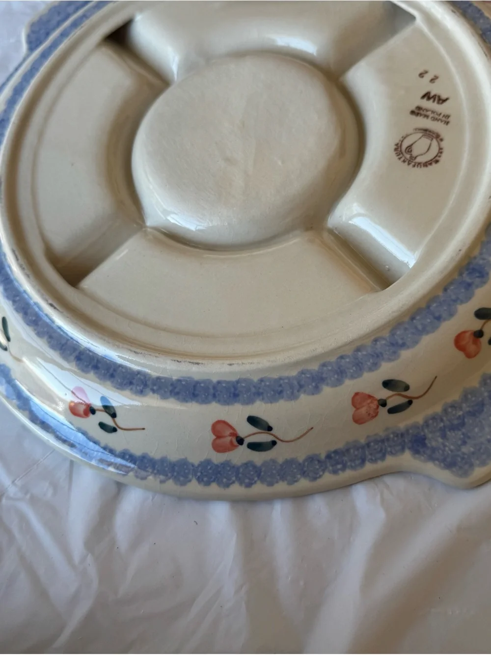 Vintage Polish Pottery Divided Serving Dish Pink And Blue